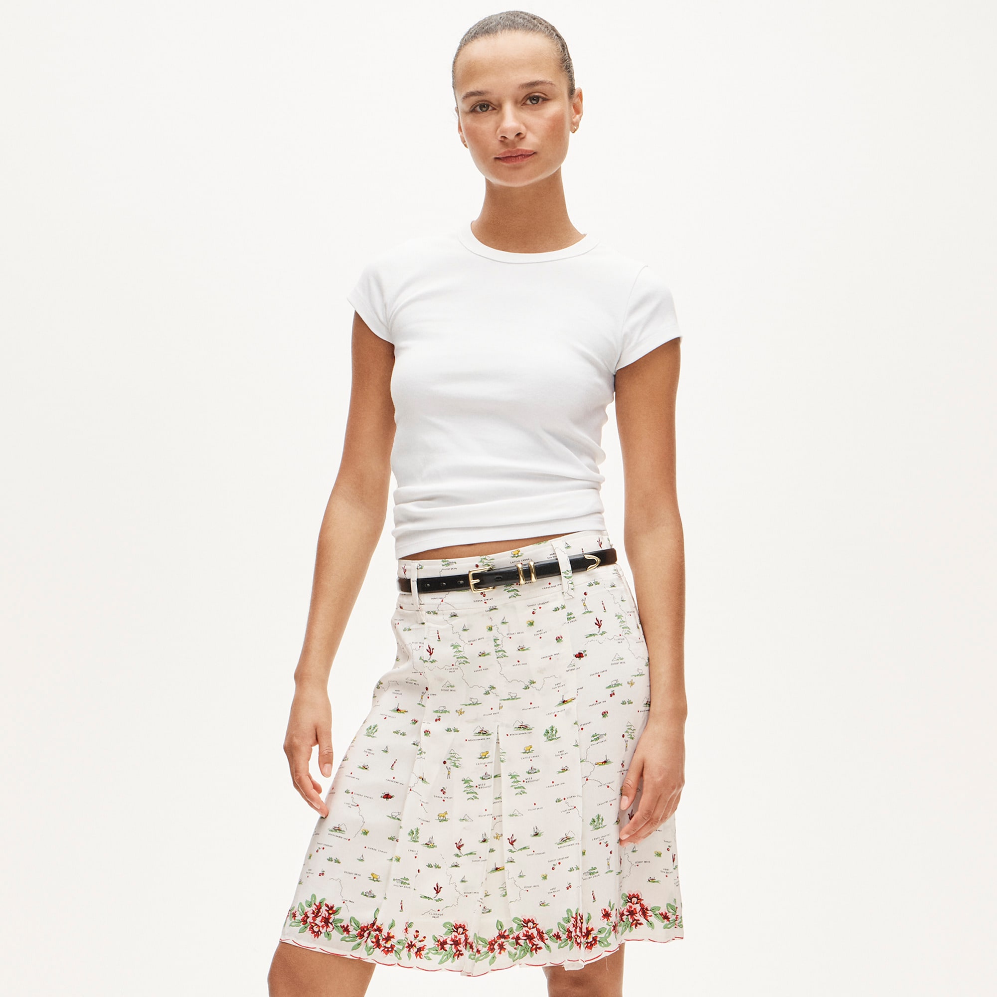 Pleated Knee-Length Skirt in Map Print