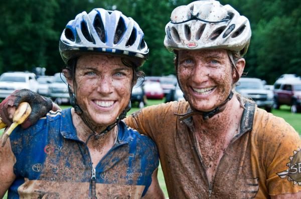 Brenda Simril (Motor Mile) and Sue Haywood caked in Georgia red clay