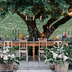 A set table and chairs outdoors under a tree