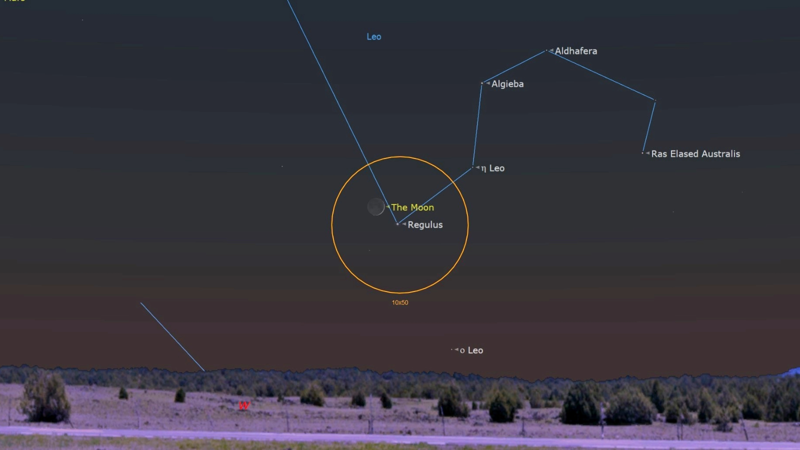 A map of the night sky with the moon and the star Regulus next to each other