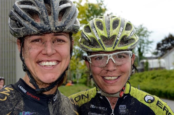 Team RE:CM's Ariane Kleinhans (left) and Milena Landtwig after their duel for the Swiss national marathon title at the Elsa Bike Trophy event on Sunday.