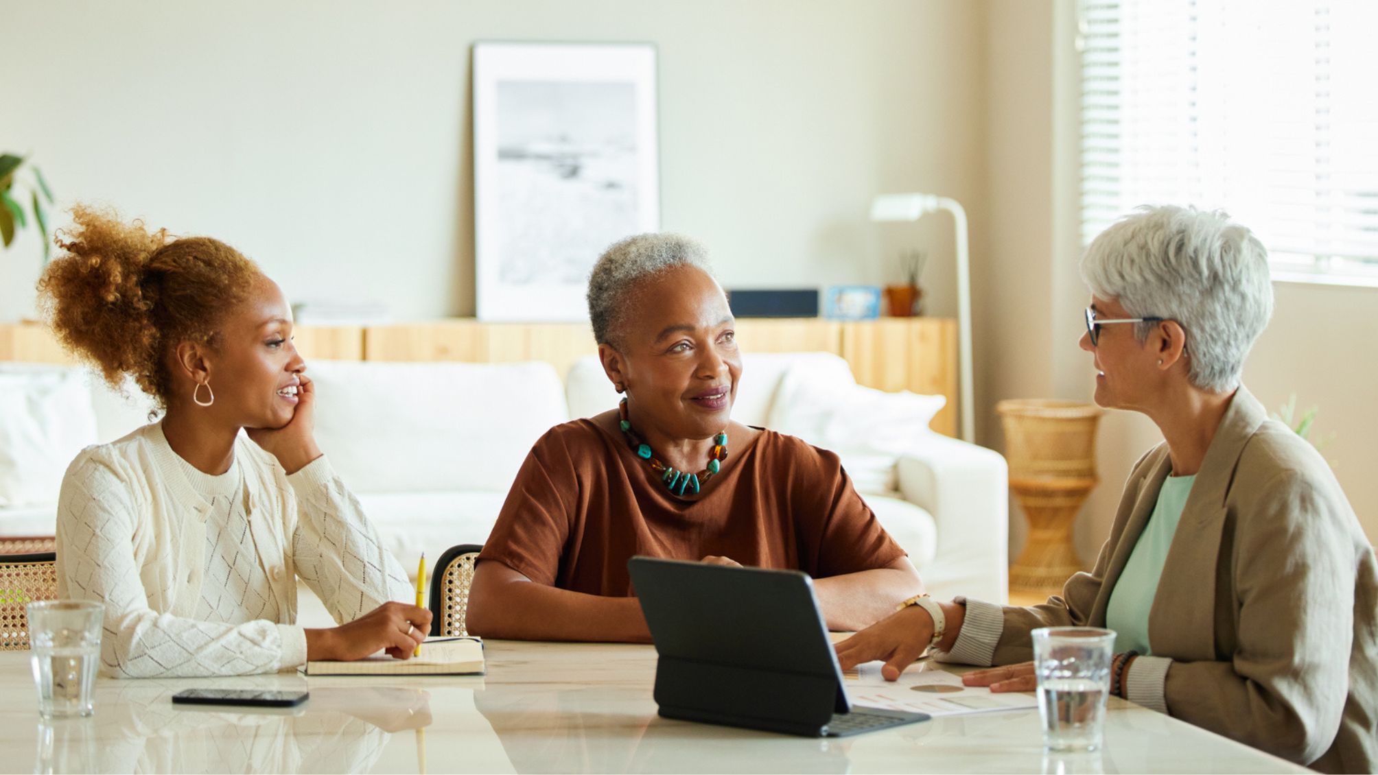 Financial adviser discussing finance with women at home