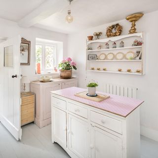 kitchen cabinet with white wall and shelves