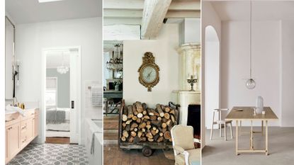 three of the best white paint colors shown in a bathroom, living room and dining room