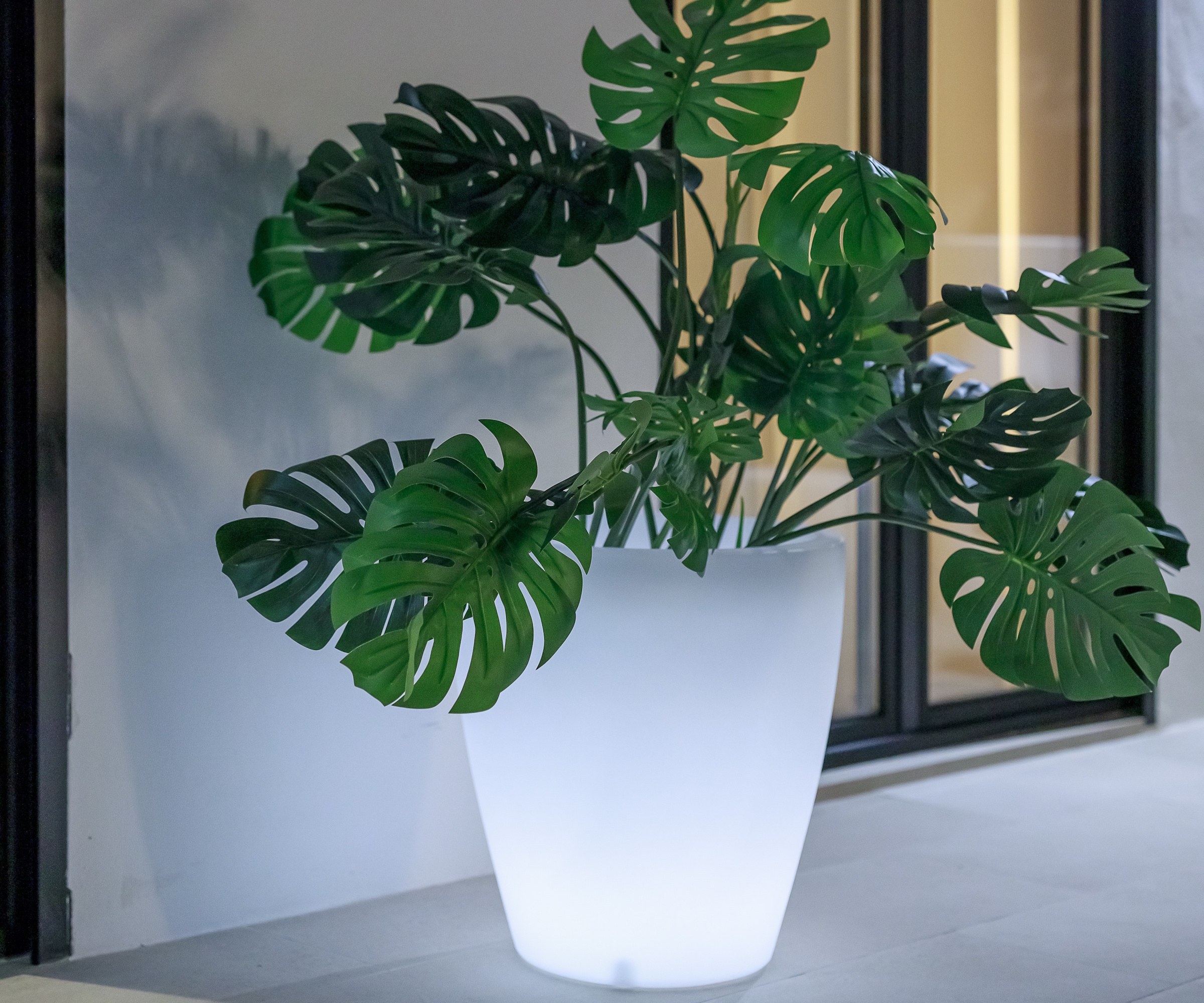 Newgarden VIOLETA illuminated pot, with a green monstera plant