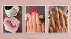 A close up of the Beauty Team's autumn nail looks, including a short red-brown manicure, a red almond manicure and sheer, pink nude manicure/ in a pink template