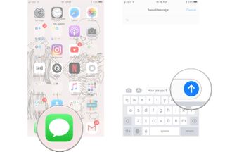 How to add bubble effects to an iMessage showing how to open messages and long-press on the Send button