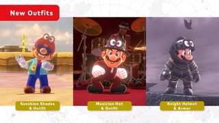 Three new outfits coming to Super Mario Odyssey: Sunshine, Musician, and Knight.