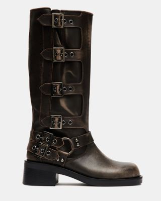 Rocky Brown Distressed Knee High Moto Boots | Women's Boots – Steve Madden