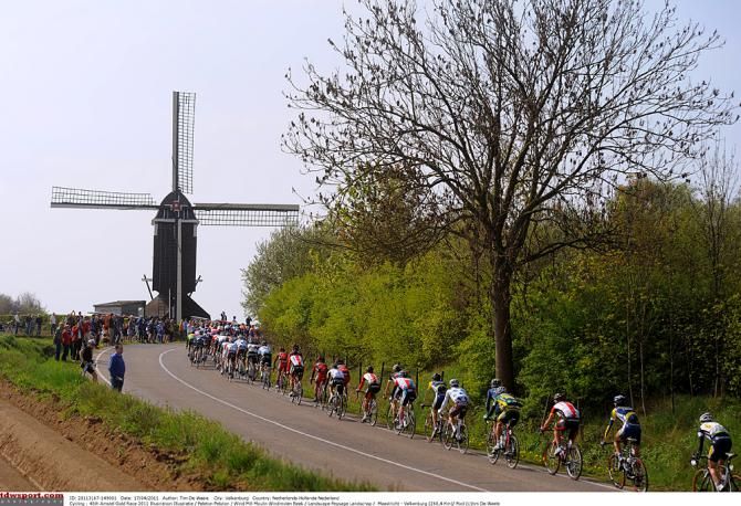 The peloton passes the windmill of Moulin during the 2011 Amstel Gold