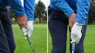 PGA pro Barney Puttick demonstrating a cross-handed chipping drill