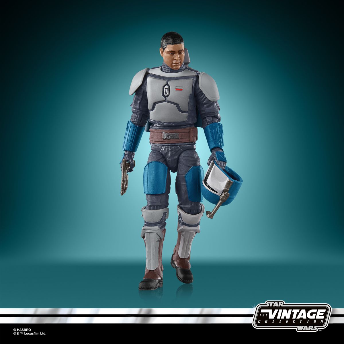 The Mandalorian Fleet Commander action figure on a blue and black background