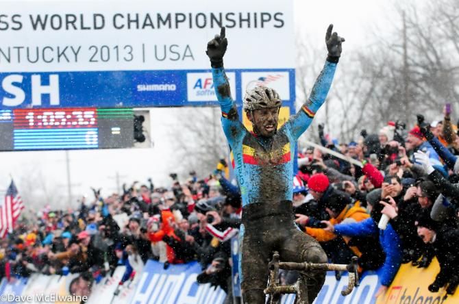 Sven Nys (Crelan Euphony) claiming the World Cyclocross Championship in Louisville, Kentucky