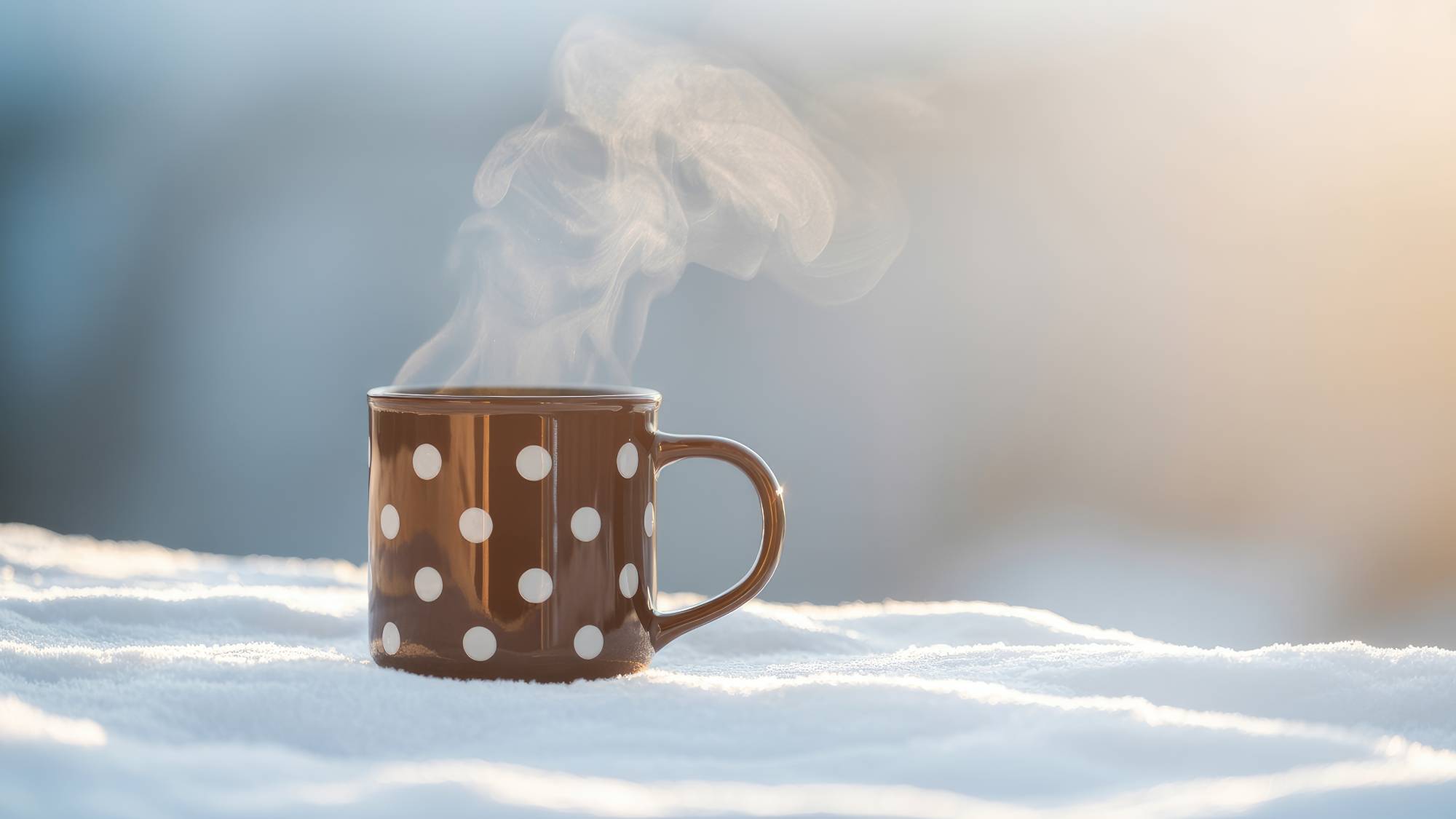 Brown and white polka dot mug of coffee in snow