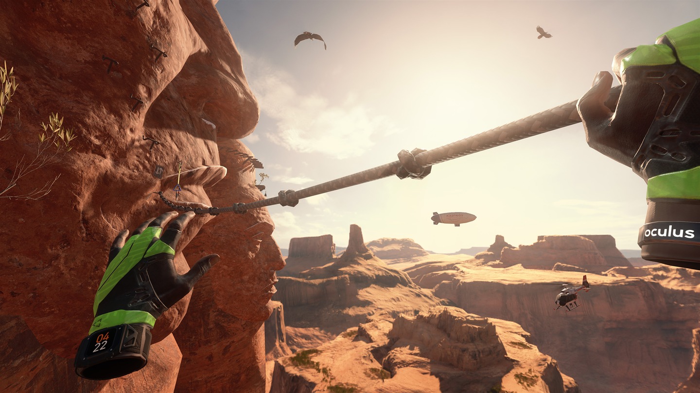 A player climbing along a rope bridge while exploring a desert in the Climb 2