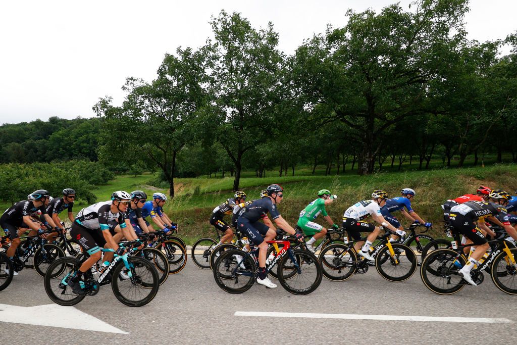 VALENCE FRANCE JULY 06 Christopher JuulJensen of Denmark and Team BikeExchange Michael Mrkv of Denmark and Team Deceuninck QuickStep Tao Geoghegan Hart of The United Kingdom and Team INEOS Grenadiers Mark Cavendish of The United Kingdom and Team Deceuninck QuickStep Green Points Jersey Jonas Vingegaard of Denmark and Team JumboVisma white best young jersey Steven Kruijswijk of The Netherlands and Team JumboVisma during the 108th Tour de France 2021 Stage 10 a 1907km stage from Albertville to Valence LeTour TDF2021 on July 06 2021 in Valence France Photo by Chris GraythenGetty Images