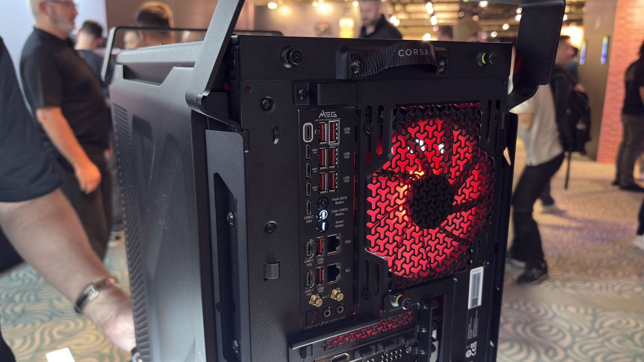 Corsair's new Warthog case with a light over the rear IO panel, at computex 2026.