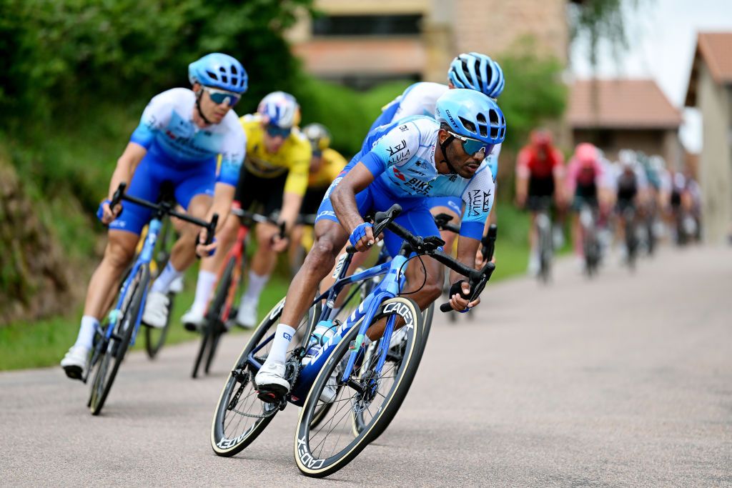 CHAINTRE FRANCE JUNE 09 Tsgabu Gebremaryam Grmay of Ethiopia and Team BikeExchange Jayco competes during the 74th Criterium du Dauphine 2022 Stage 5 a 1623km stage from ThizylesBourgs to Chaintr WorldTour Dauphin on June 09 2022 in Chaintre France Photo by Dario BelingheriGetty Images