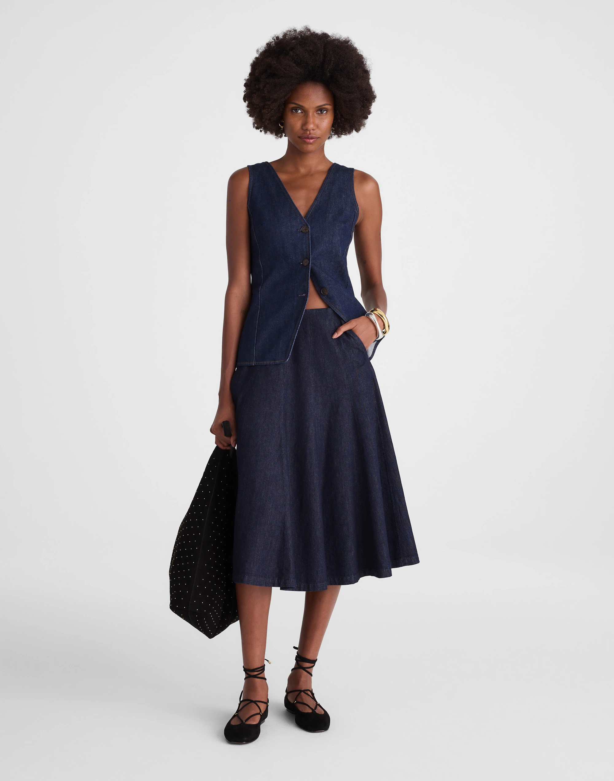 Flared Denim Midi Skirt in Rinse Wash