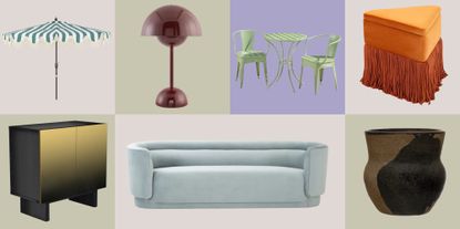 Wayfair furniture and decor sale products pictured against a colorful checkered background