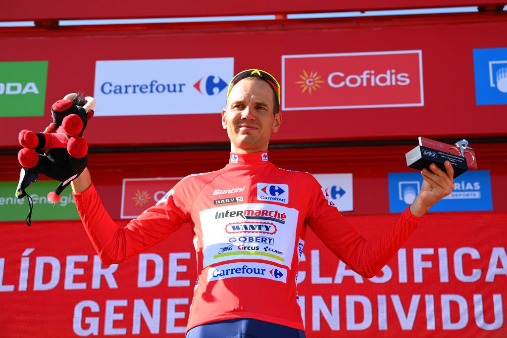 MOLINA DE ARAGON SPAIN AUGUST 17 Rein Taarame of Estonia and Team Intermarch Wanty Gobert Matriaux celebrates winning the red leader jersey on the podium ceremony after the 76th Tour of Spain 2021 Stage 4 a 1639km stage from El Burgo de Osma to Molina de Aragn 1134m lavuelta LaVuelta21 on August 17 2021 in Molina de Aragn Spain Photo by Stuart FranklinGetty Images