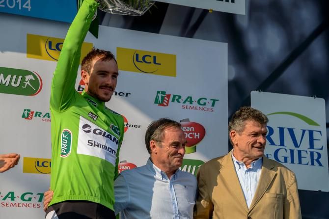 Paris-Nice points classification leader John Degenkolb (Giant-Shimano) on stage with two legends of French cycling - Bernard Hinault and Bernard Thevenet