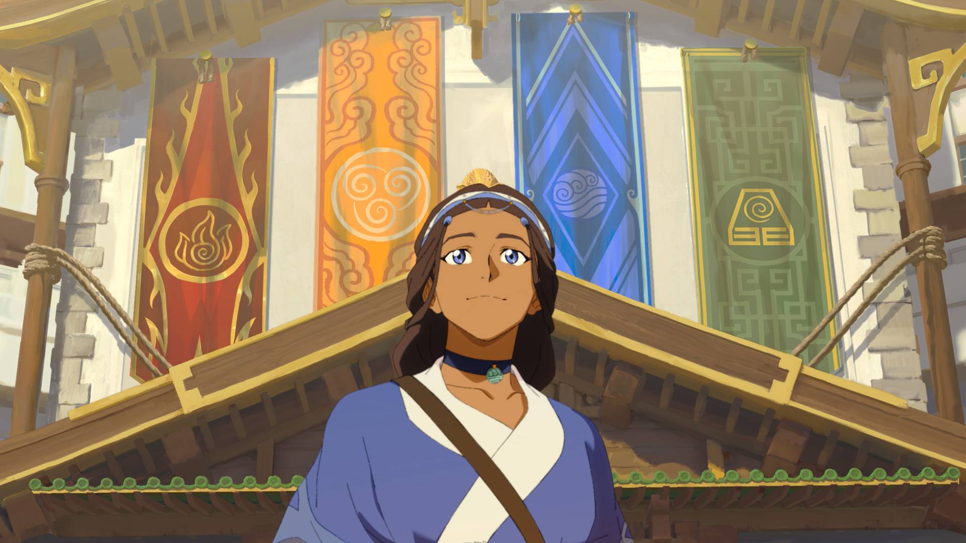Katara standing in front of four nation flags in Avatar Aang: The Last Airbender
