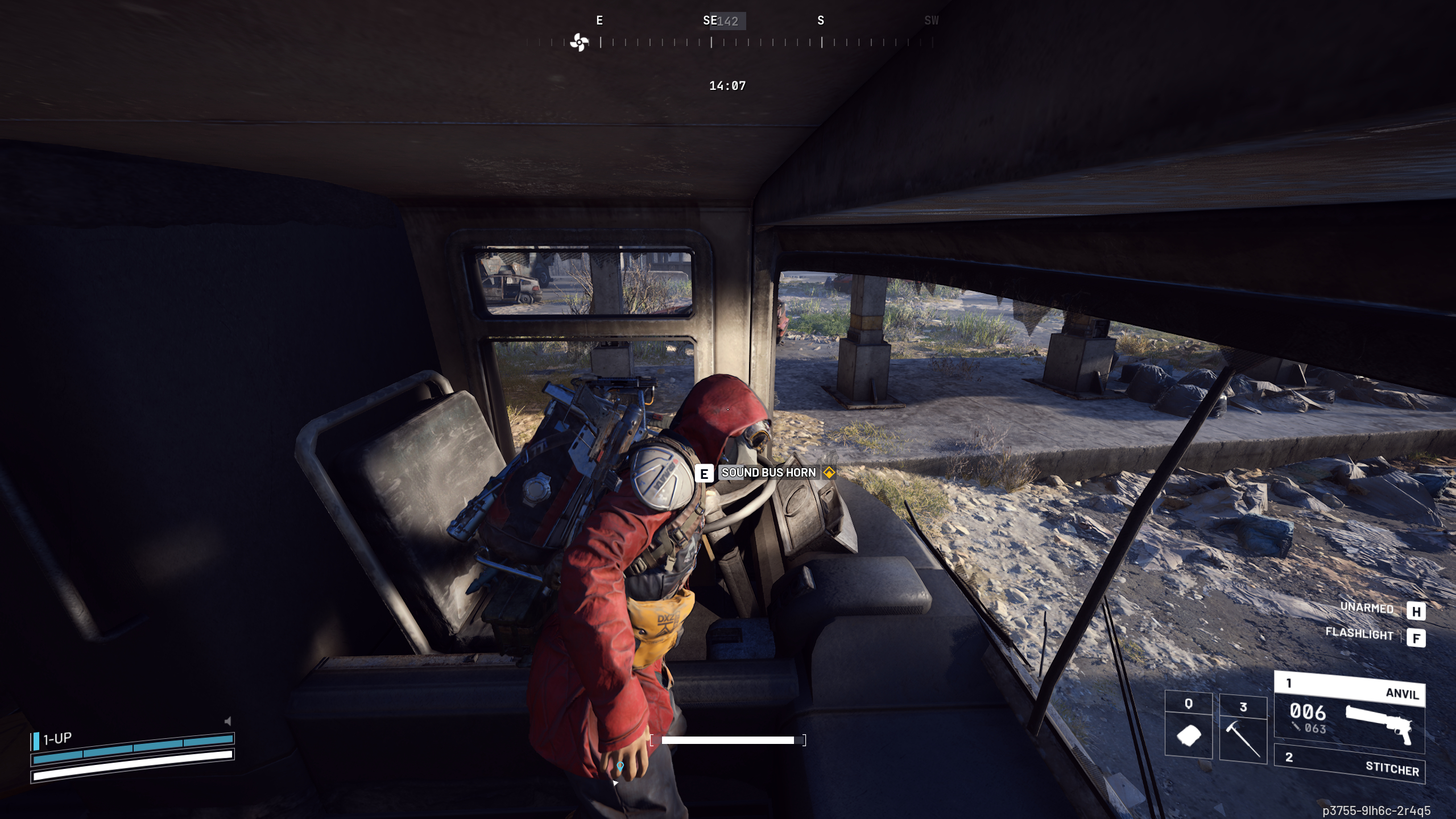 Arc Raiders Clamoring for Attention: A player interacting with a bus horn next to the driver's seat.