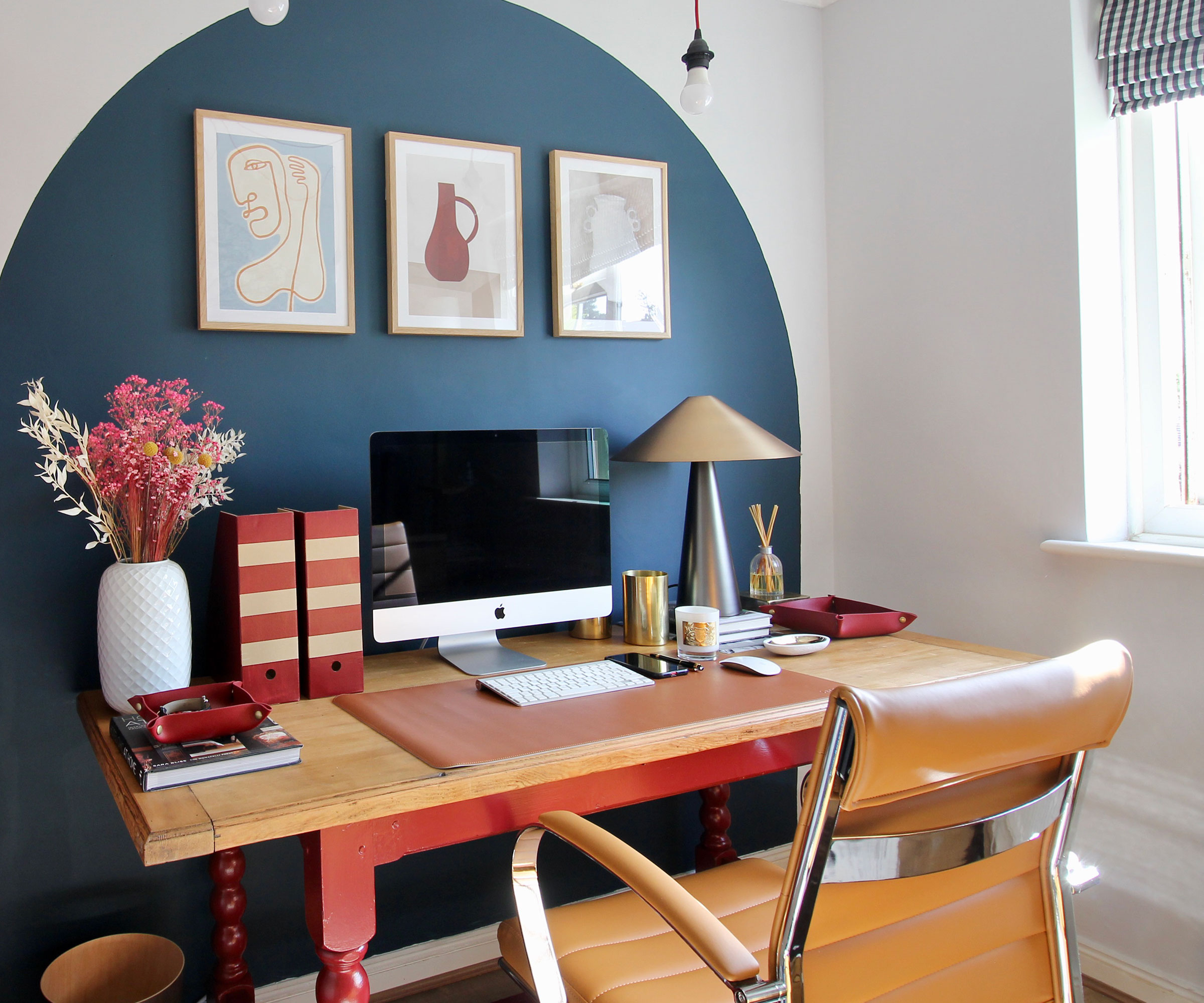home office with blue feature wall