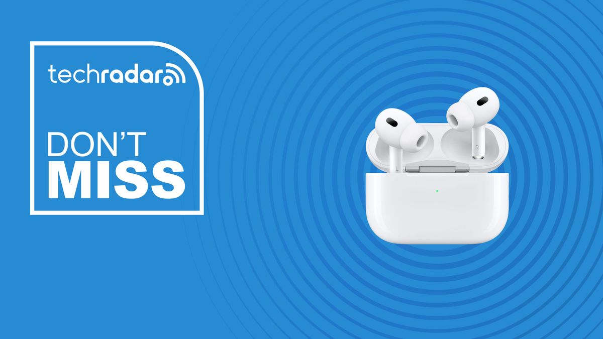 The Apple AirPods Pro 2 on a blue background with text saying Don&#039;t Miss.