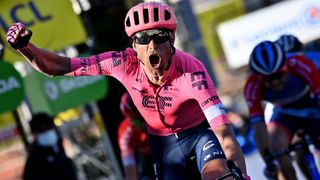 Danish Magnus Cort of EF Education First Pro Cycling celebrates as he crosses the finish line to win the eighth and final stage of 79th edition of the Paris-Nice cycling race
