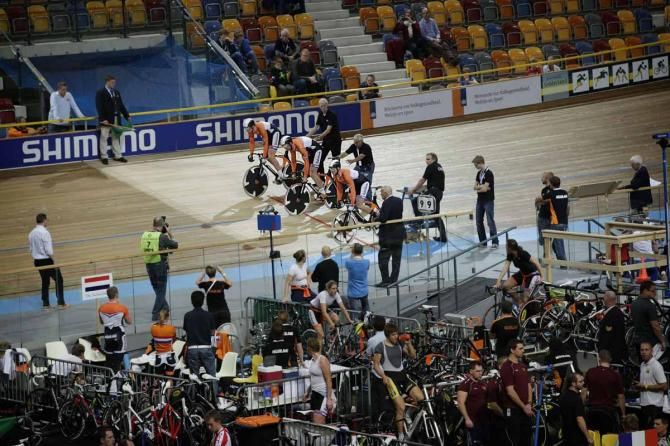 The velodrome centre is packed with teams and their bikes