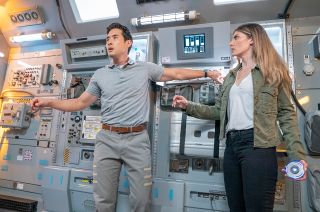 The space shuttle mid deck, seen here with Dr. Ben Song (Raymond Lee) and Addison Augustine (Caitlin Bassett) from the "Quantum Leap" episode "Atlantis," is different from reality, but for good reason, says showrunner Martin Gero.