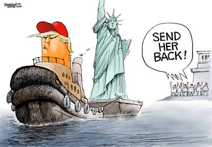 Political Cartoon U.S. MAGA Ship Lady Liberty Send Her Back
