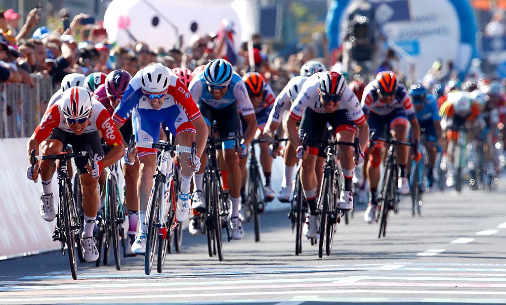 Caleb Ewan (Lotto Soudal) leads the sprint to the finish line of stage 11 at the Giro d'Italia