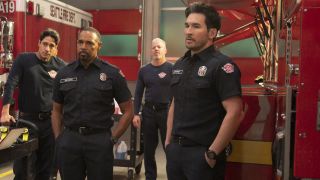 Carlos Miranda as Theo Ruiz, Jason George as Ben Warren and Jay Hayden as Travis Montgomery are shown on Station 19.