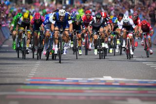 Marcel Kittel launches his sprint on stage two of the Giro d'Italia. No-one was able to get near the German in the finish in the Dutch city of Nijmegen.