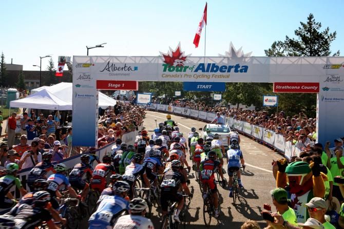 The peloton rolls out for stage 1 of the Tour of Alberta