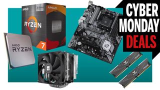 A collage of a processor, motherboard, CPU cooler, and RAM kit against a teal background, with a white border and a Cyber Monday Deals logo