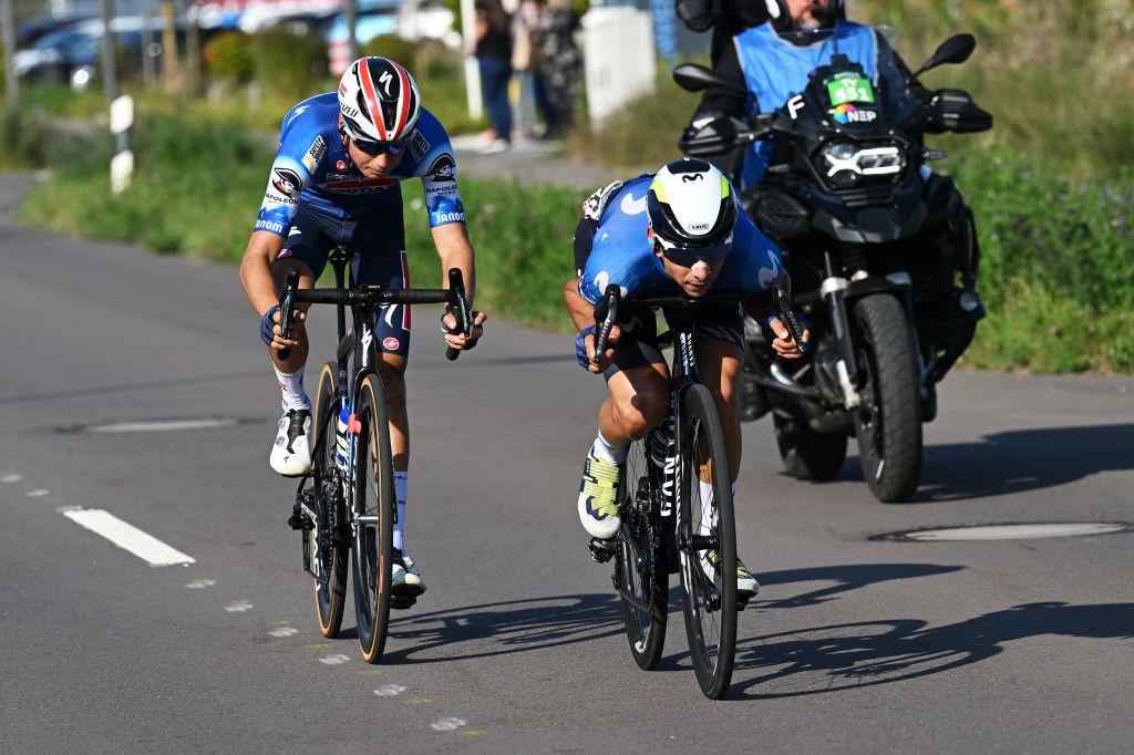 DIEKIRCH LUXEMBOURG SEPTEMBER 20 LR Mauri Vansevenant of Belgium and Team Soudal QuickStep and Davide Formolo of Italy and Movistar Team compete in the breakaway during the 84th Tour de Luxembourg 2024 Stage 3 a 2013km stage from Rosport to Diekirch UCIWT on September 20 2024 in Diekirch Luxembourg Photo by Tim de WaeleGetty Images