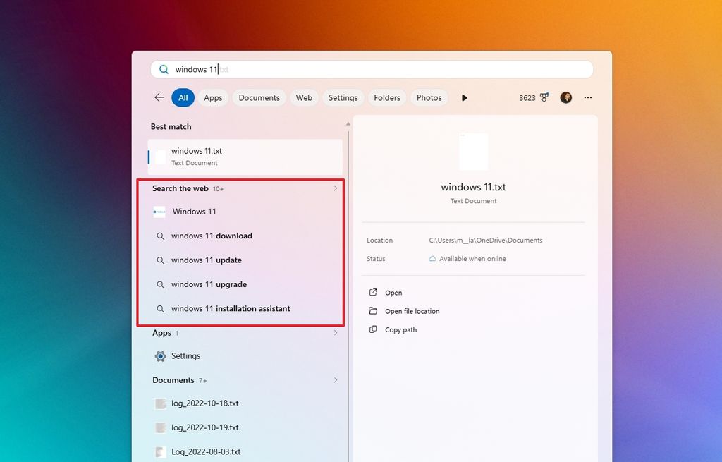 Search interface on a computer showing results for "windows 11.txt" and related search options. The background is a gradient of orange and purple.