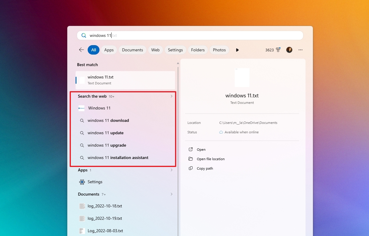 Search interface on a computer showing results for "windows 11.txt" and related search options. The background is a gradient of orange and purple.
