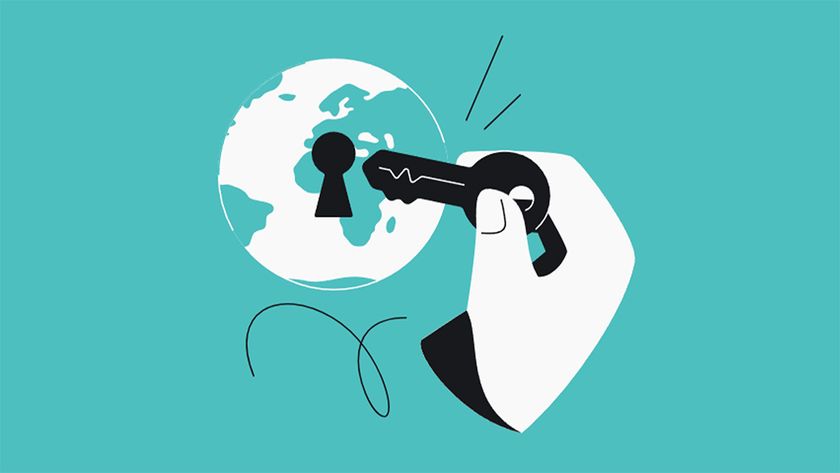 Surfshark encryption graphic showing hand holding a key. There is a globe with a keyhole