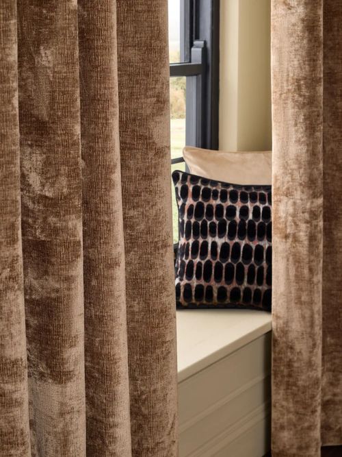 Tan Brown Lined Plush Chenille Eyelet Curtains 