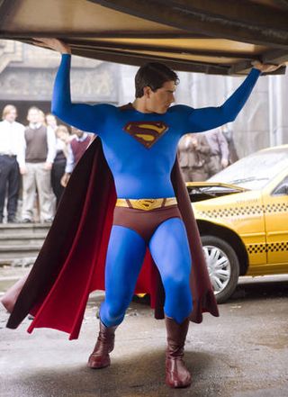 Superman lifting a car.