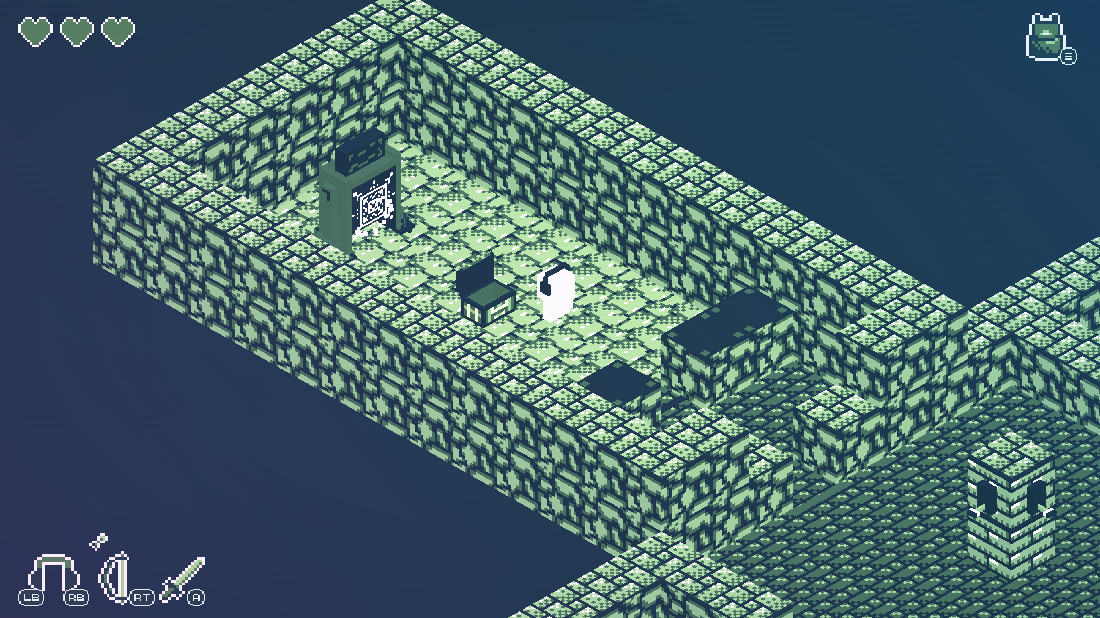 A screenshot of Cassette Boy. A cobblestone dungeon made out of blocks and 2D art is shifted into a 3D perspective.