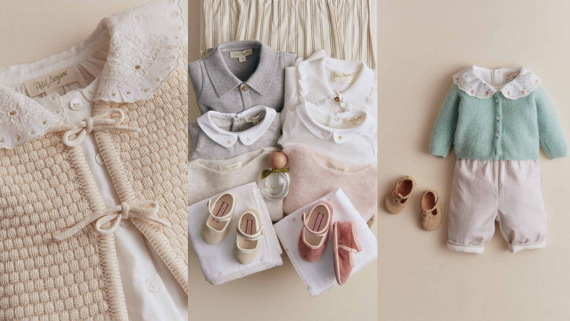 a collage of s&eacute;zane newborn pieces in front of a plain backdrop