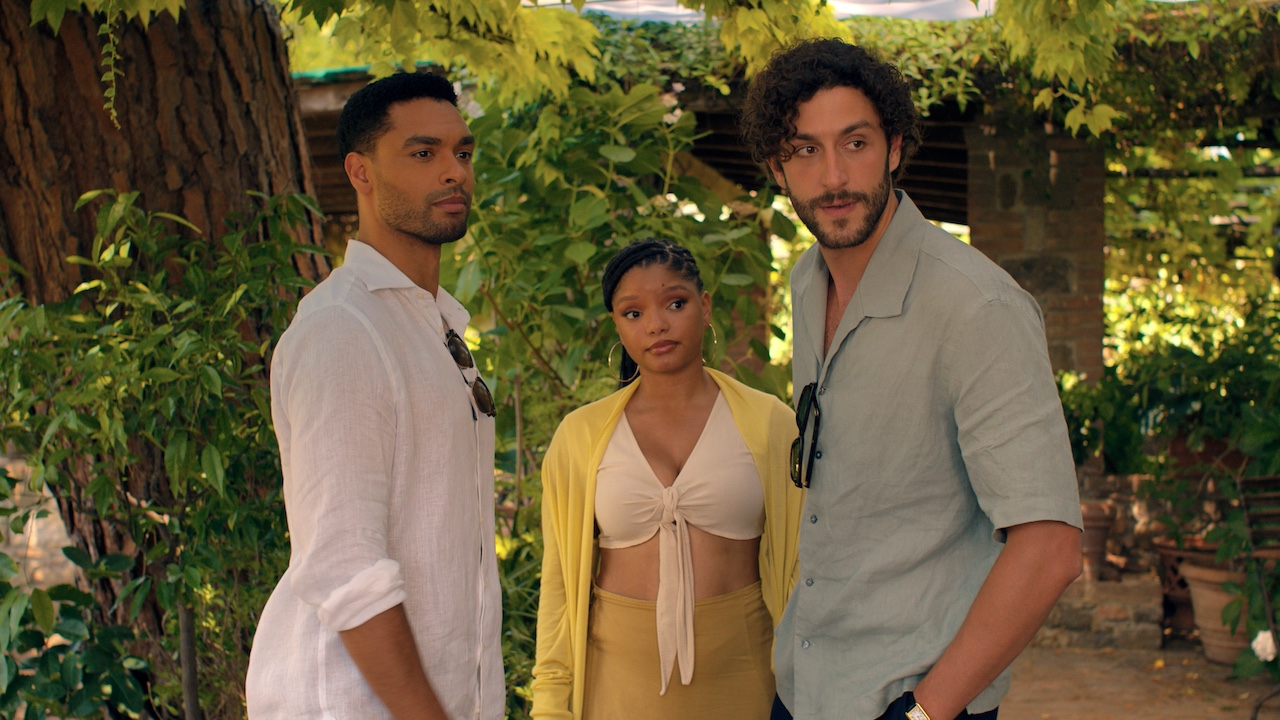 Caption (from left) Michael (Reg&amp;eacute;-Jean Page), Anna (Halle Bailey) and Matteo (Lorenzo de Moor) in You, Me &amp;amp; Tuscany, directed by Kat Coiro.