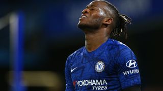 LONDON, ENGLAND - FEBRUARY 17: Michy Batshuayi of Chelsea reacts to a missed chance during the Premier League match between Chelsea FC and Manchester United at Stamford Bridge on February 17, 2020 in London, United Kingdom. (Photo by Craig Mercer/MB Media/Getty Images)