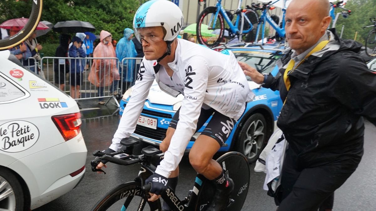 Sky's Vasil Kiryienka took third on the treacherous course in the new 4.0 Speed Suit